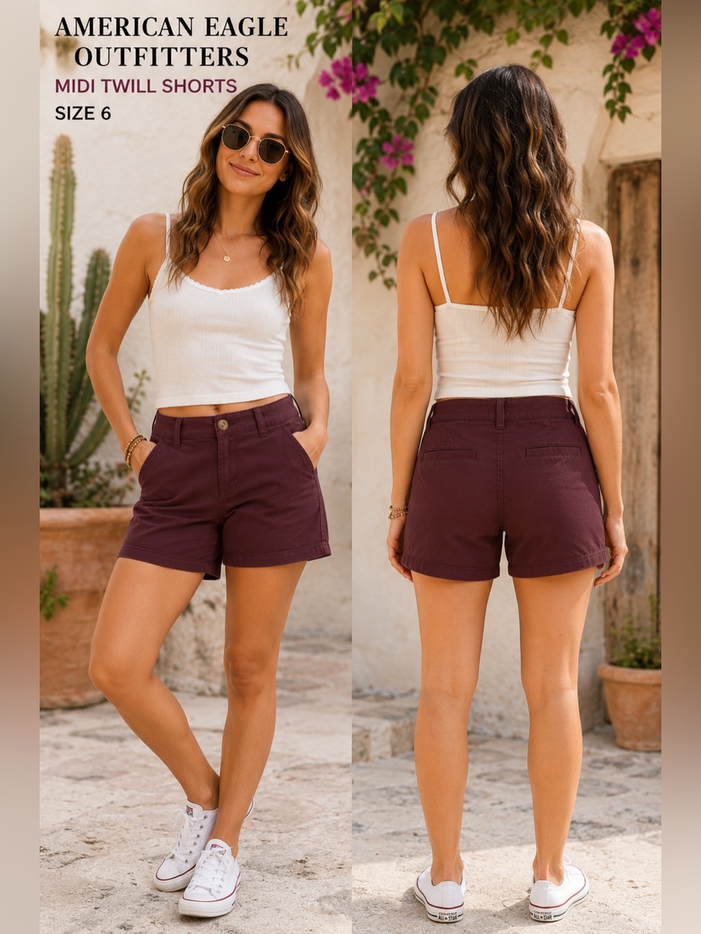American Eagle Outfitters womens size 6 Midi Twill Shorts Burgundy Super Stretch